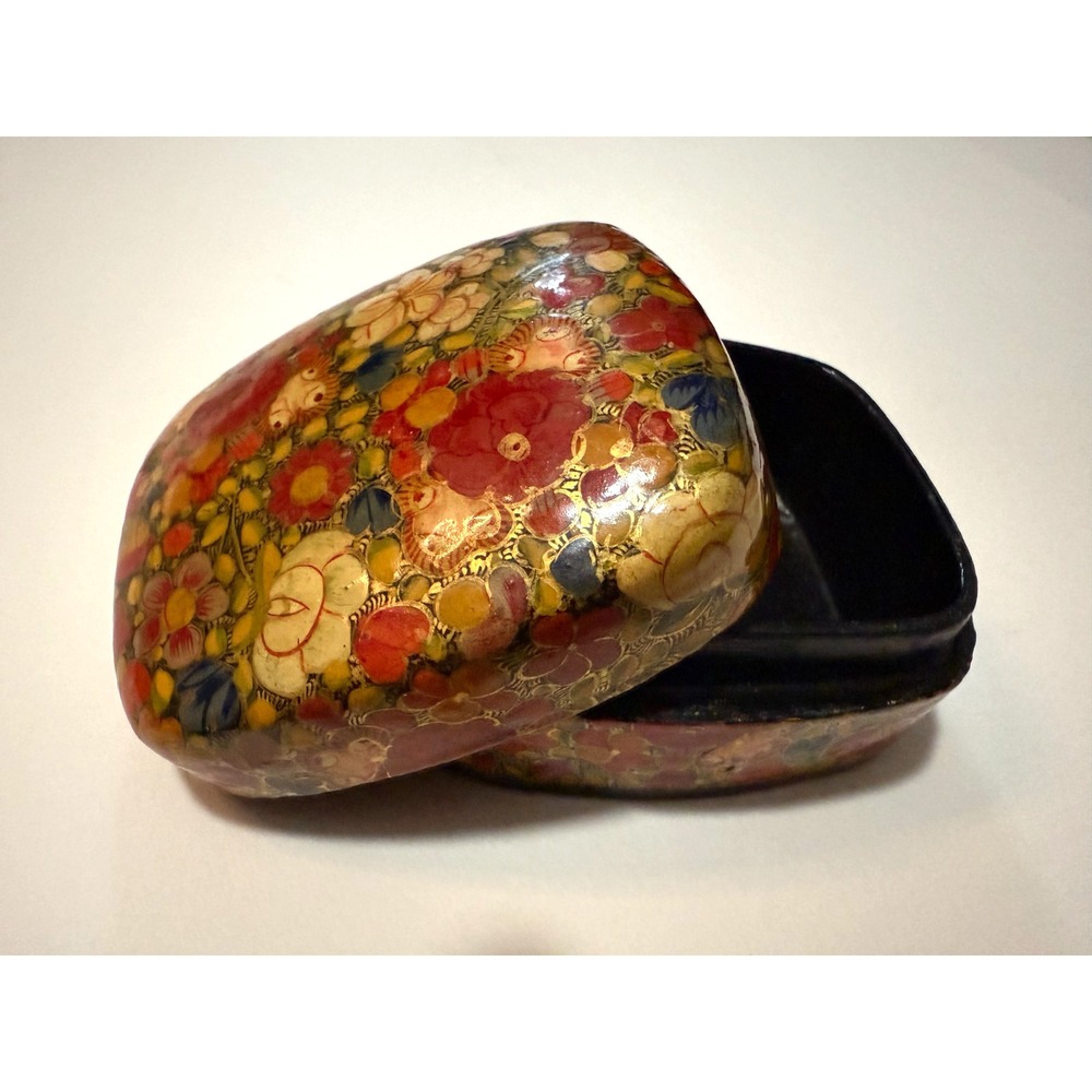Vintage INDIA‎ Hand Painted Colorful Floral Wooden Lacquerware Trinket Box rings